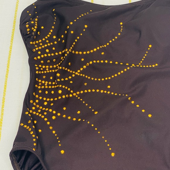 Vintage Longitude Brown and Gold Rhinestone One Piece Swimsuit Womens 8 Resort - Picture 5 of 11